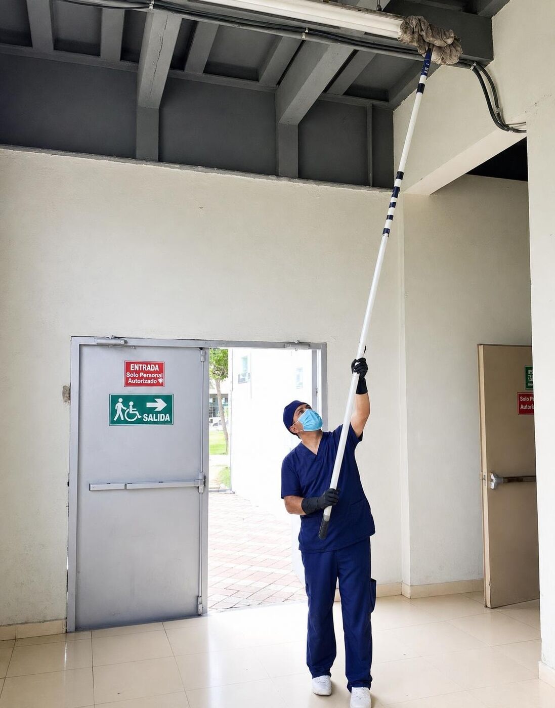 Personal de GENERALCLEAN limpiando en altura con extensor